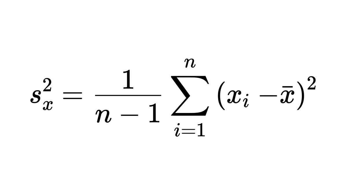 样本方差公式，分母为 n−1，求和从 i=1 到 n