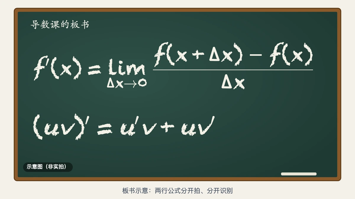 导数课板书示意:定义式与乘积求导法则两行