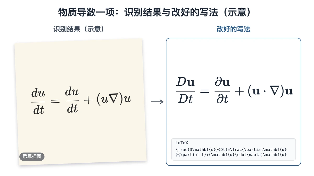 物质导数项示意:小写 d、u 无粗体、点乘丢失与改好的写法对照