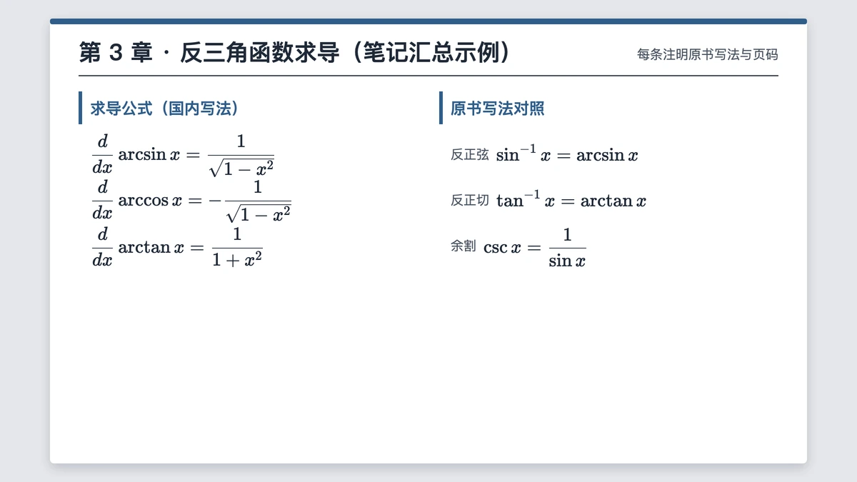 反三角函数求导一节整理后的笔记汇总页