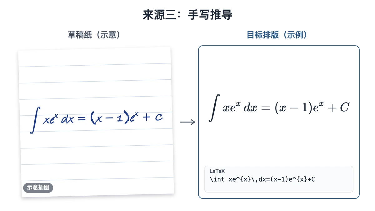 手写草稿来源示意与分部积分结果目标排版