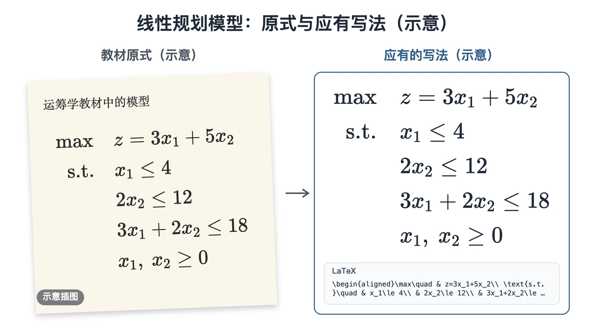 线性规划模型教材原式与应有写法对照示意