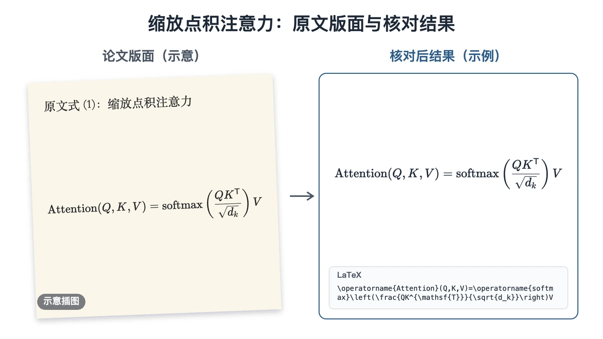 论文注意力公式版面示意与核对后的源码对照