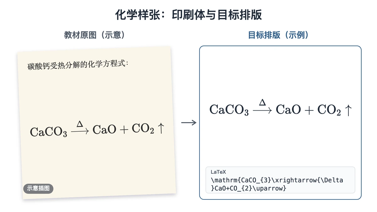 化学教材印刷体示意与碳酸钙分解式目标排版