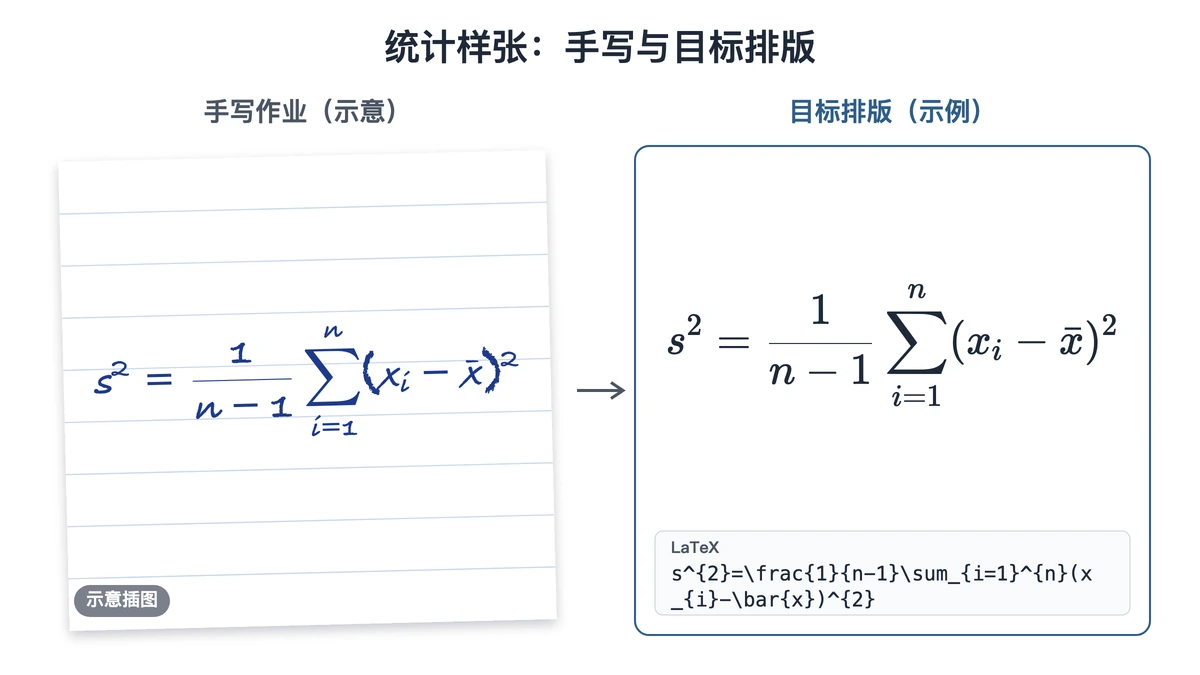统计作业手写示意与样本方差公式目标排版