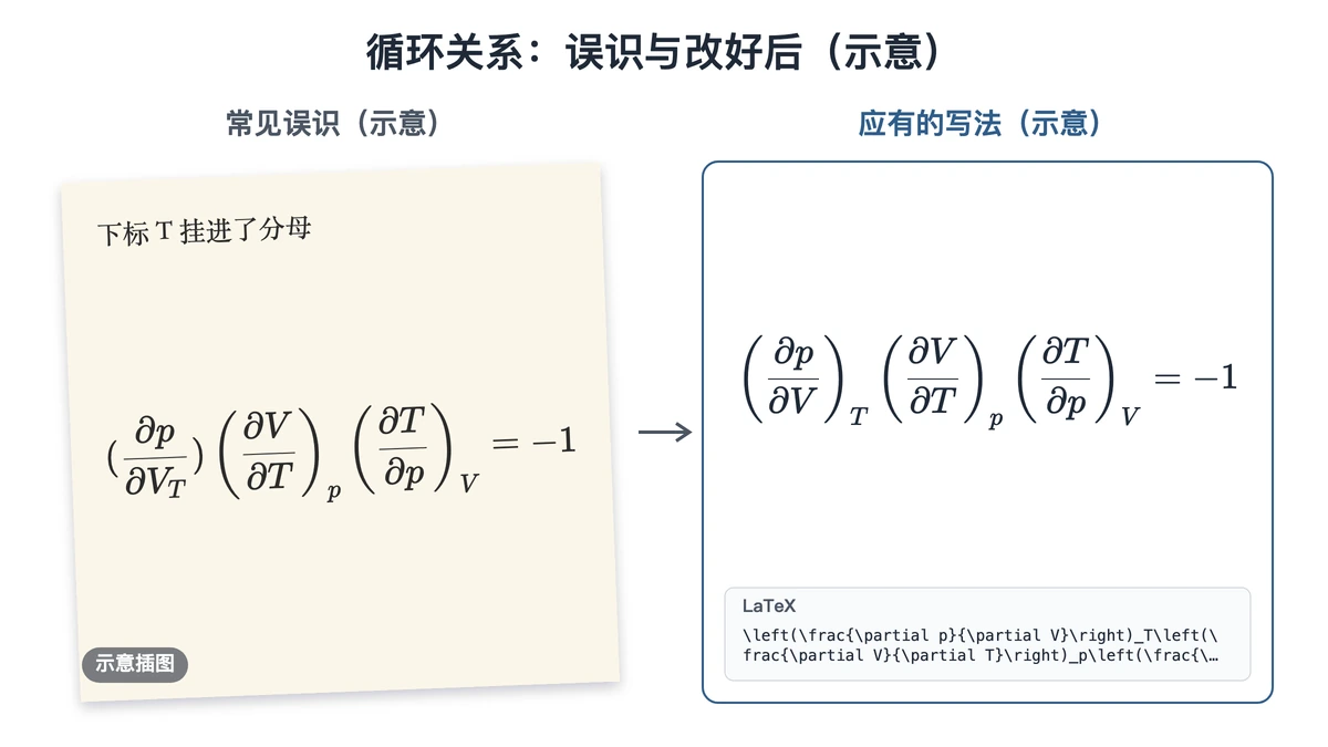 循环关系式：下标挂进分母的误识与改好后的写法对照示意