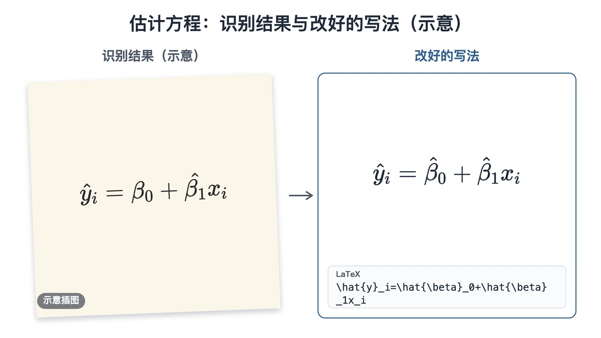 估计方程示意：β₀ 丢帽子、β₁ 帽子盖住下标与改好的写法对照