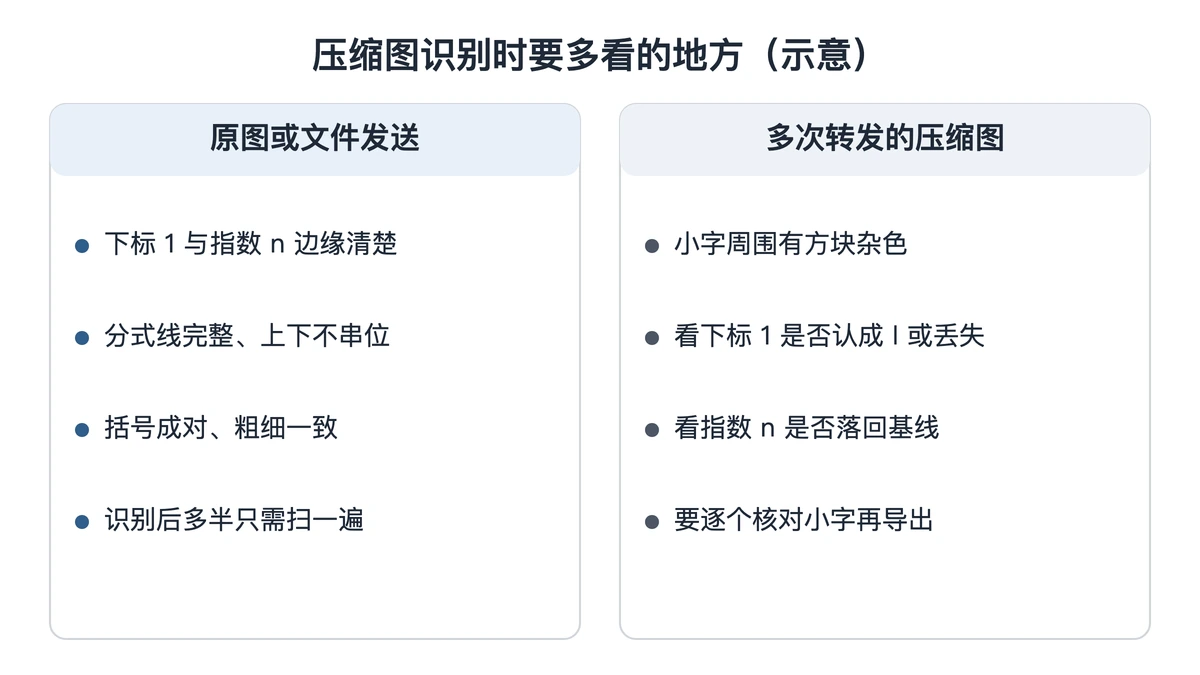 压缩图识别时要多看的地方（示意）：原图与多次转发的压缩图各自的特点