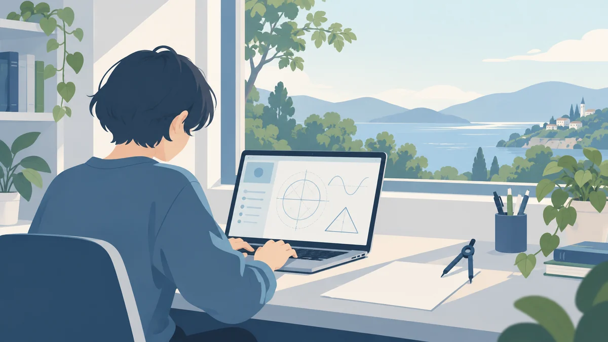 学生在窗边用电脑整理数学内容