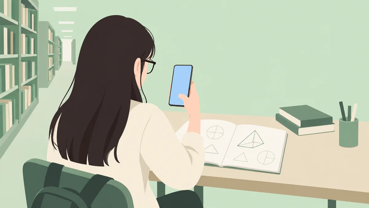 图书馆女生用手机采集几何笔记