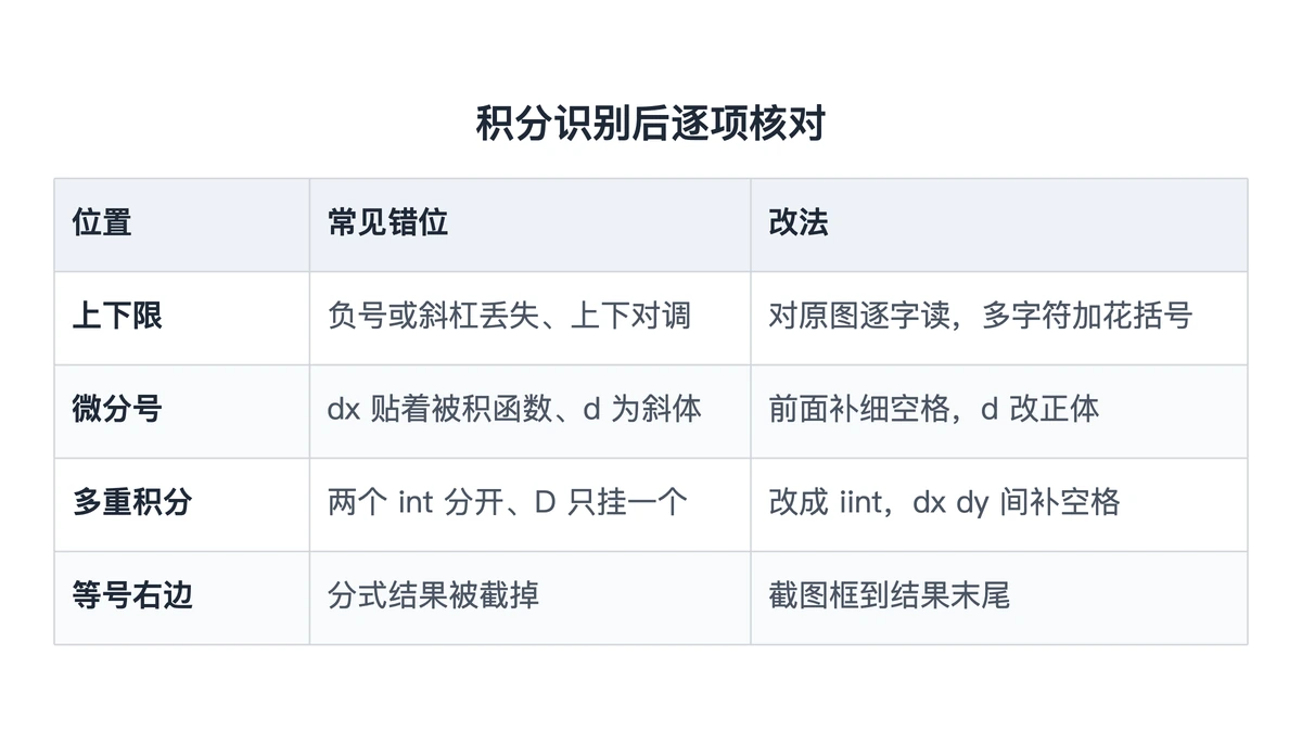 积分公式识别后上下限、微分号、多重积分核对表