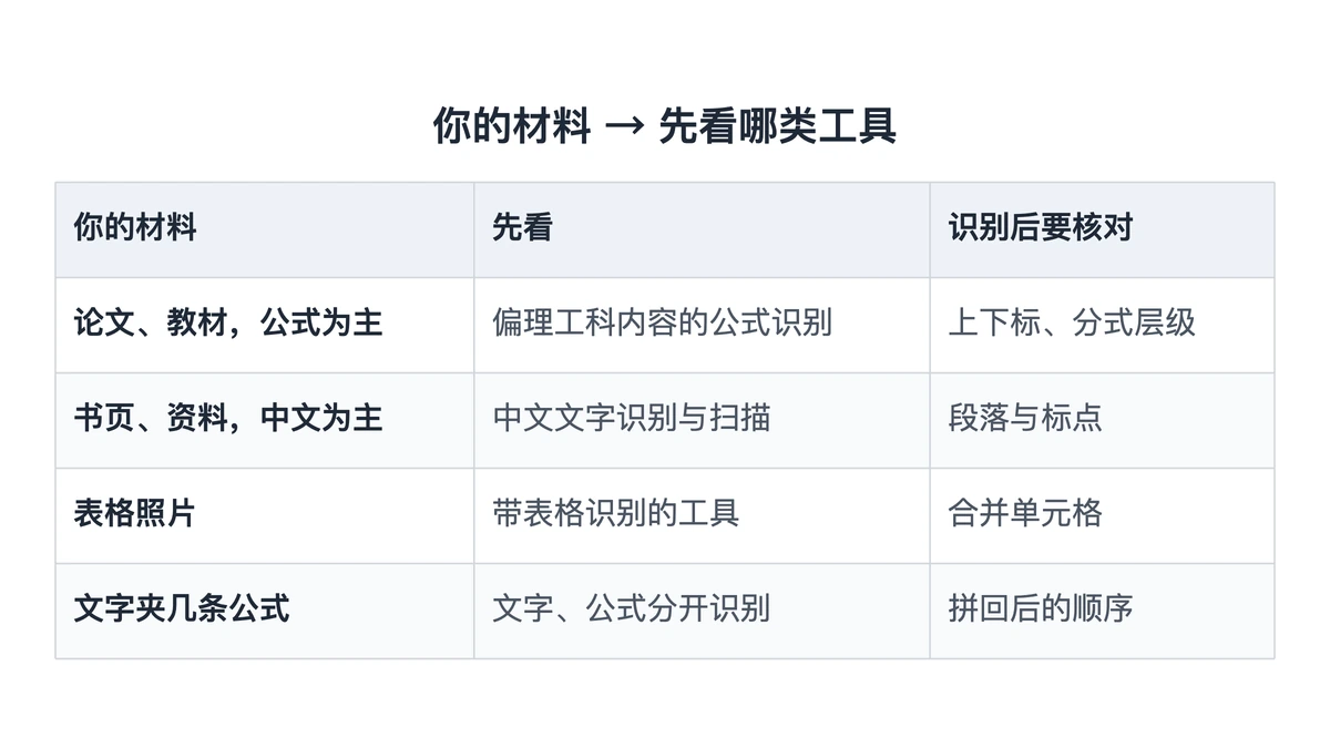 按材料类型选择识别方式的对照表