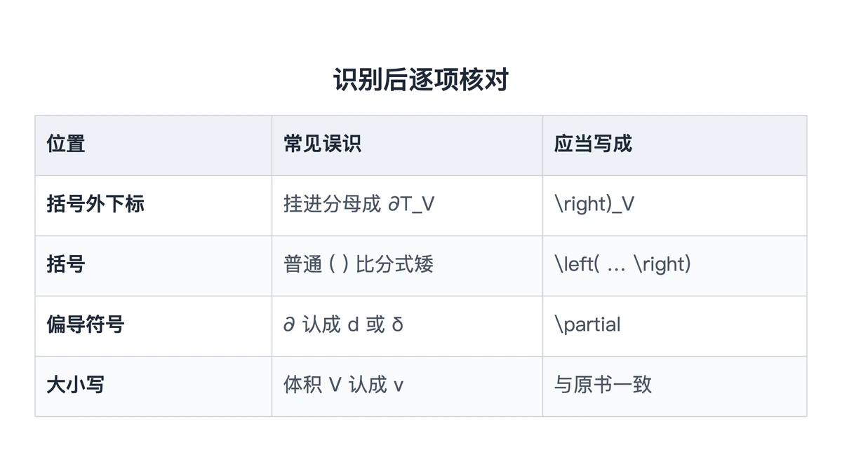 热力学偏导识别后逐项核对的四处对照表