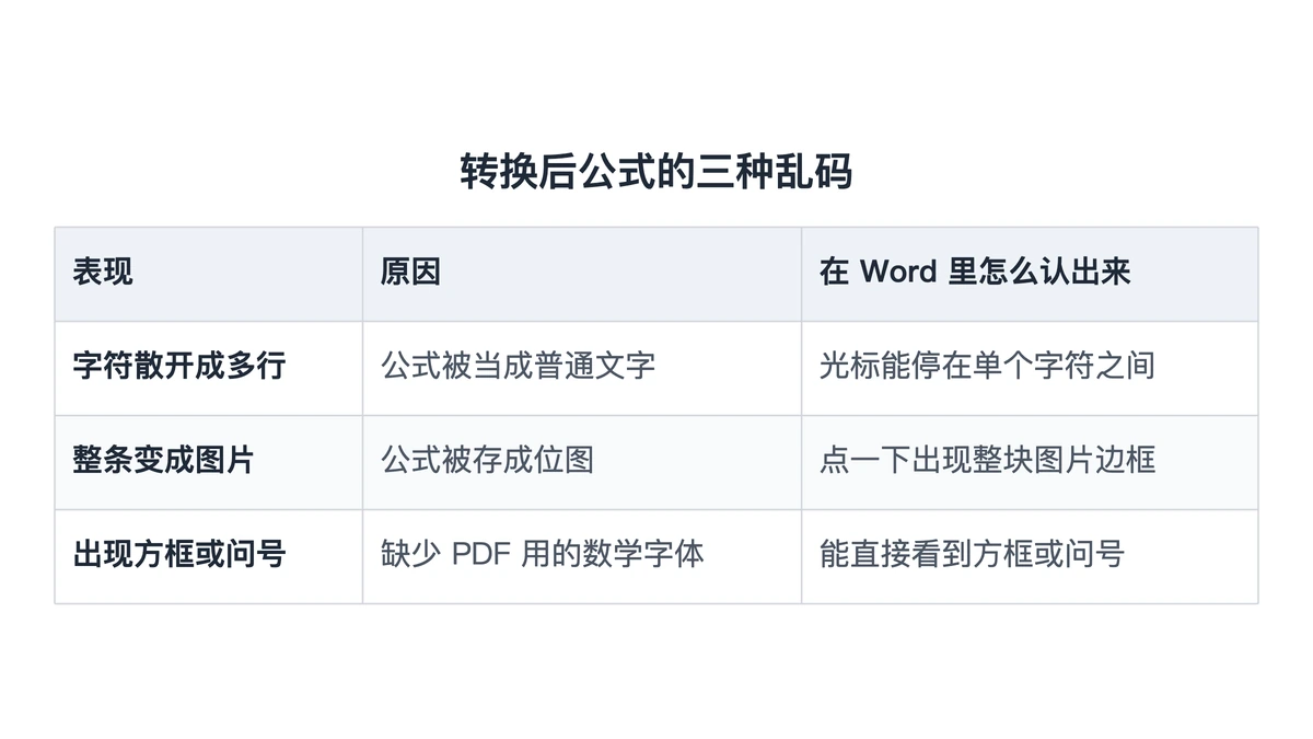 PDF转Word后公式三种乱码表现与处理方法